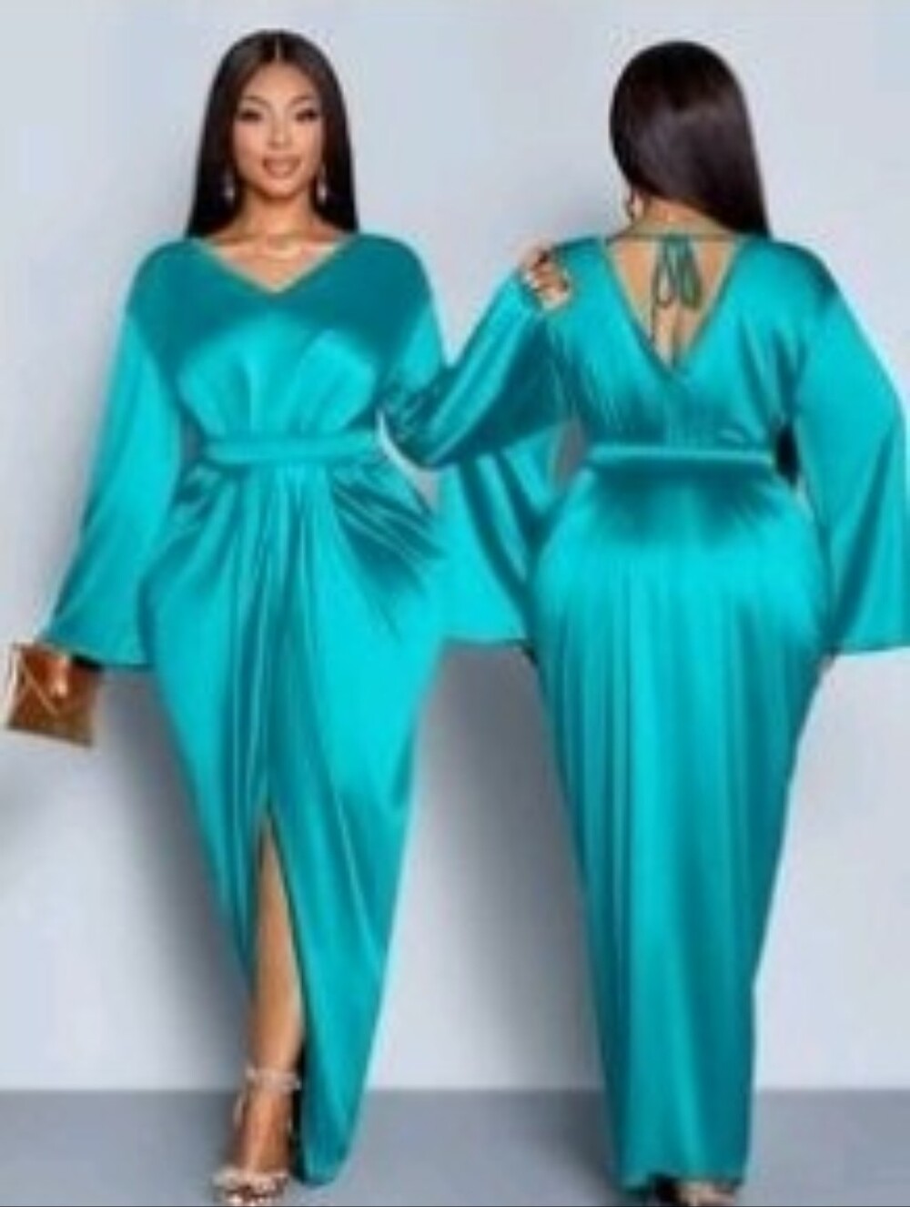 Elegant Teal V-Neck Satin Maxi Dress with Belt